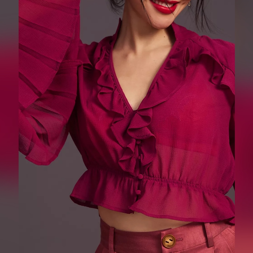 NWT ANTHRO | Sheer V-Neck Blouse - Picture 3 of 5